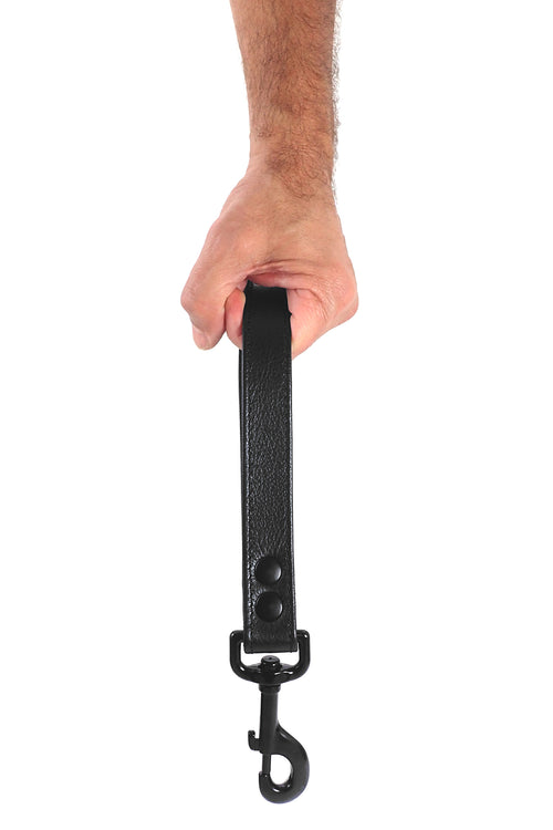 Model holding a black leather handle leash