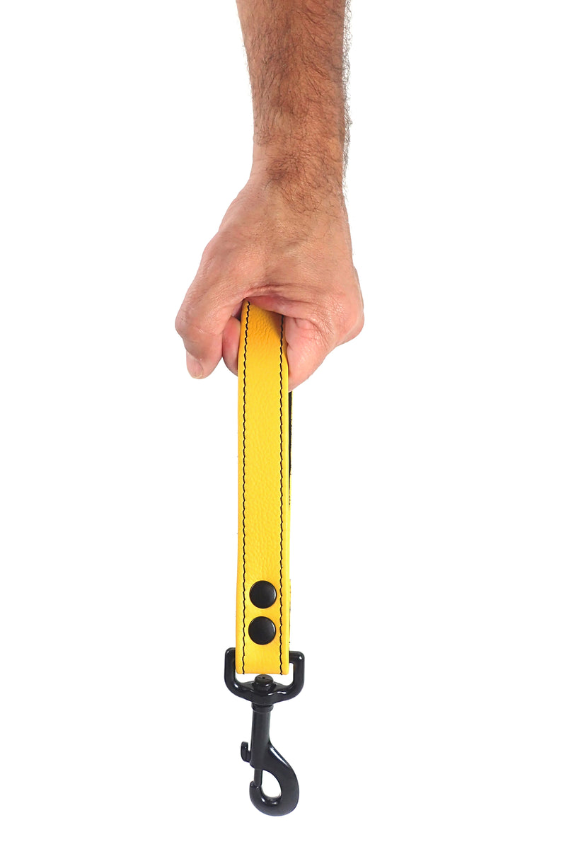 Model holding yellow leather handle leash
