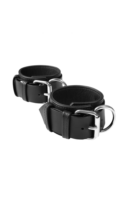 Black and stainless steel leather ankle restraints