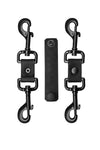Two 2-way black leather hogties and connector with black metal hardware
