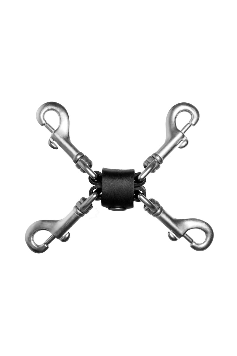 4-way black leather hogtie with stainless steel hardware