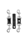 Two 2-way black leather hogties and connector with stainless steel hardware