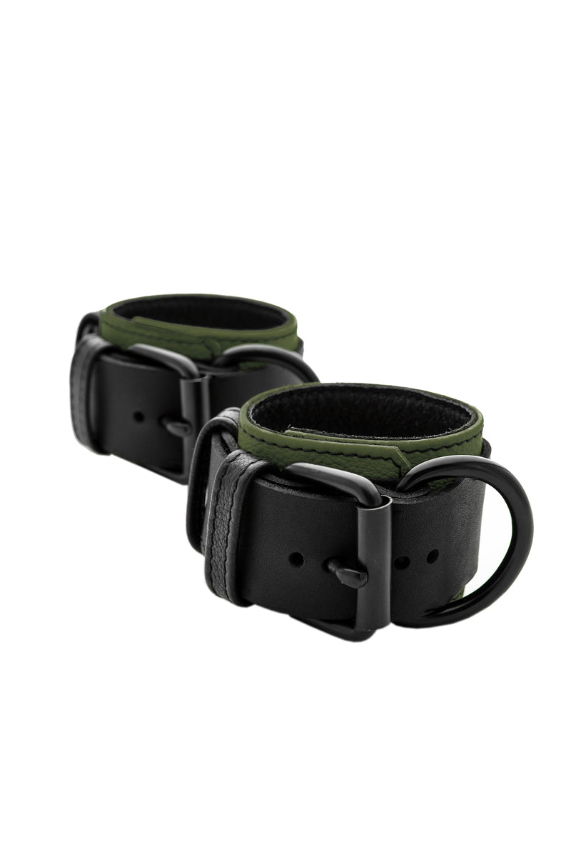 Army green and black leather wrist restraints