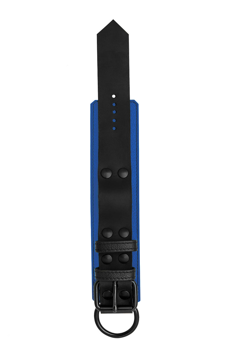 Blue and black leather wrist restraint