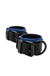 Blue and black leather wrist restraints