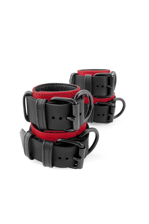 Red and black leather wrist and ankle restraints set