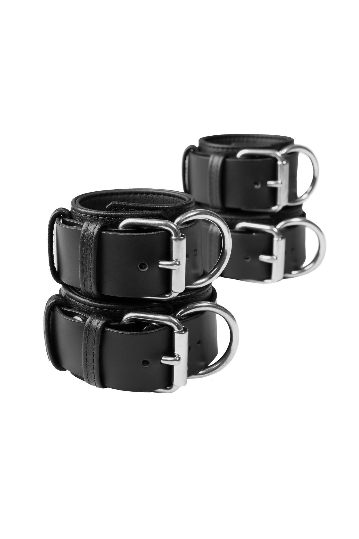 Black leather wrist and ankle restraints set with stainless steel hardware