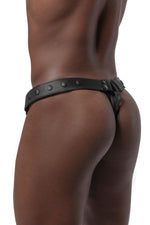 Model wearing black leather thong. Back view.