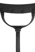 Product photo of a black leather thong. Front view.