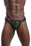 Model wearing a black leather and stainless steel thong. Front view.