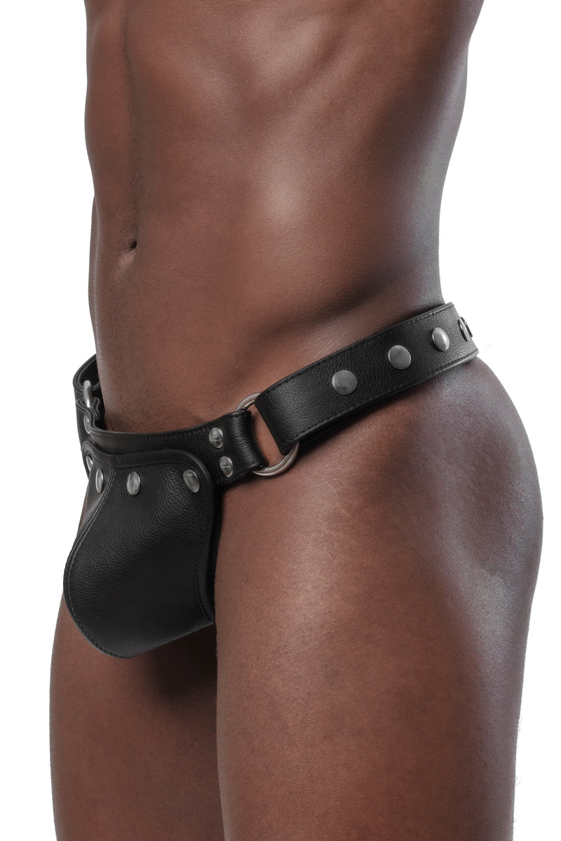 Model wearing a black leather and stainless steel thong. Side view.