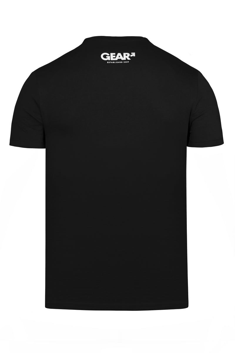 Product photo of a black "KINKSTER SYDNEY" t-shirt. Back view.