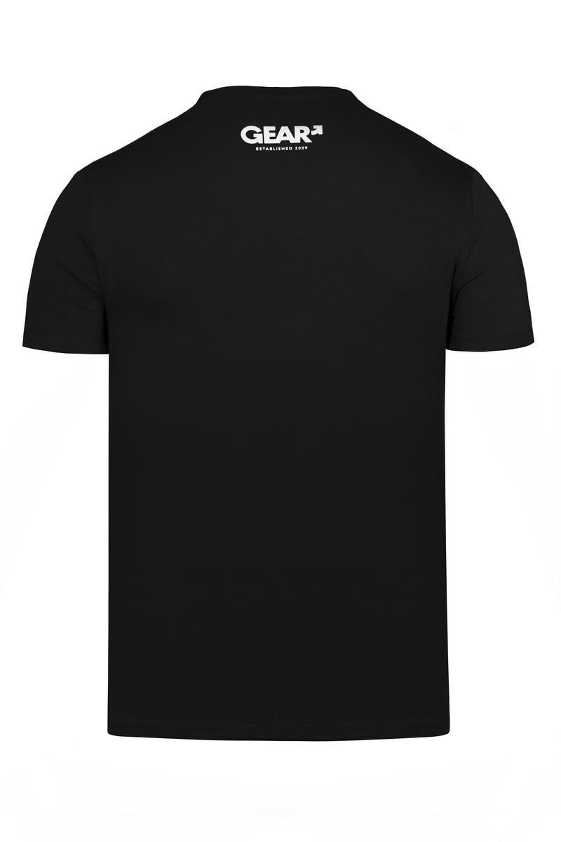 Product photo of a black "GEAR SYDNEY" Sydney t-shirt. Back view.