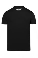 Product photo of a black "LEATHER SYDNEY" t-shirt. Back view.