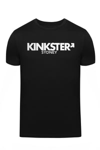 Product photo of a black "KINKSTER SYDNEY" t-shirt. Front view.