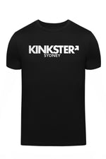 Product photo of a black "KINKSTER SYDNEY" t-shirt. Front view.