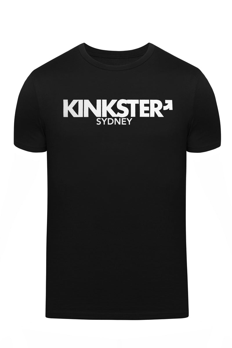 Product photo of a black "KINKSTER SYDNEY" t-shirt. Front view.