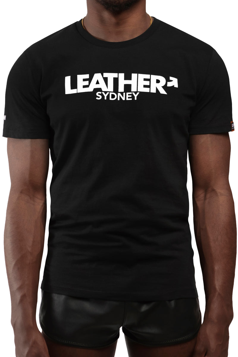 Model wearing black "LEATHER SYDNEY" t-shirt. Front view.