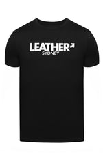Product photo of a black "LEATHER SYDNEY" t-shirt. Front view.