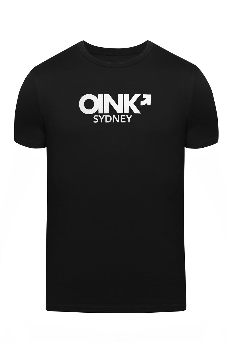 Product photo of a black "OINK SYDNEY" t-shirt. Front view.