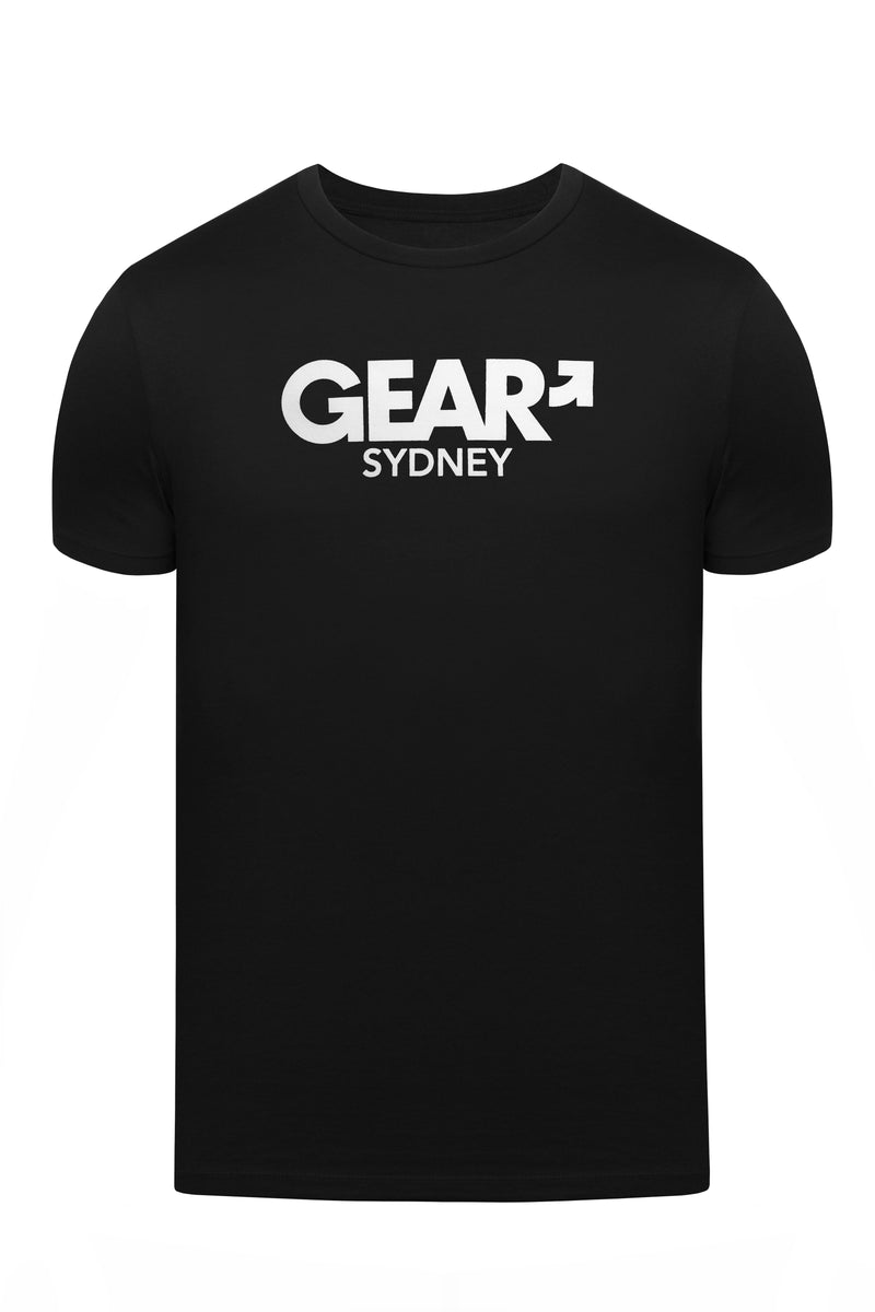 Product photo of a black "GEAR SYDNEY" t-shirt. Front view.