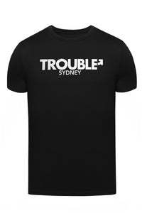 Product photo of a black "TROUBLE SYDNEY" t-shirt. Front view.