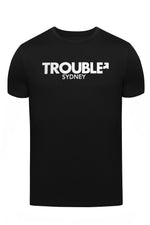 Product photo of a black "TROUBLE SYDNEY" t-shirt. Front view.