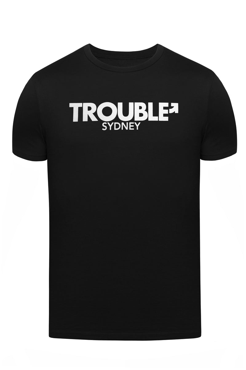 Product photo of a black "TROUBLE SYDNEY" t-shirt. Front view.