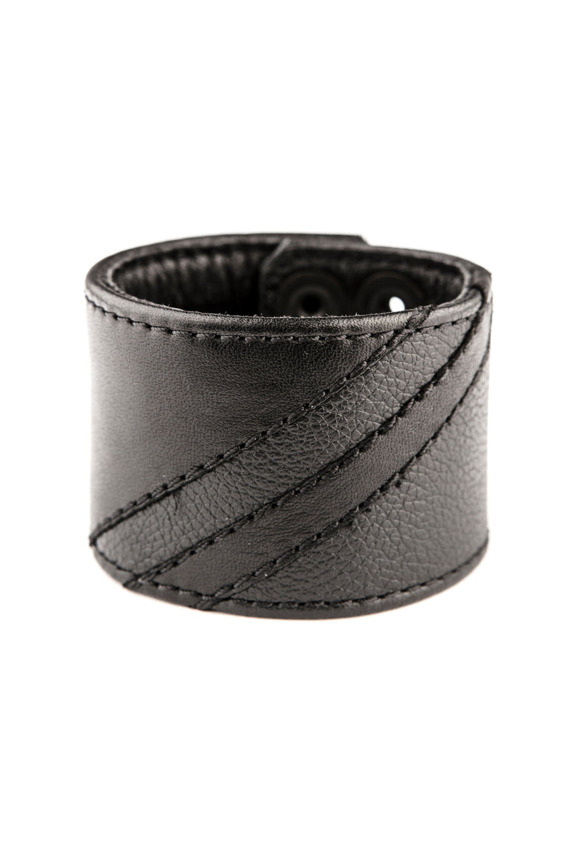 Black leather wristband with matt black leather chevron detailing