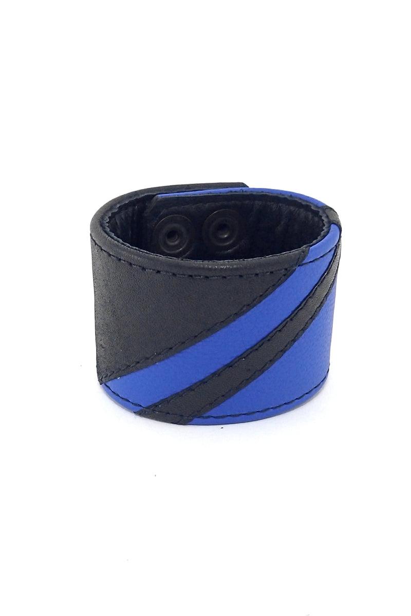 Black leather wristband with blue leather chevron detailing
