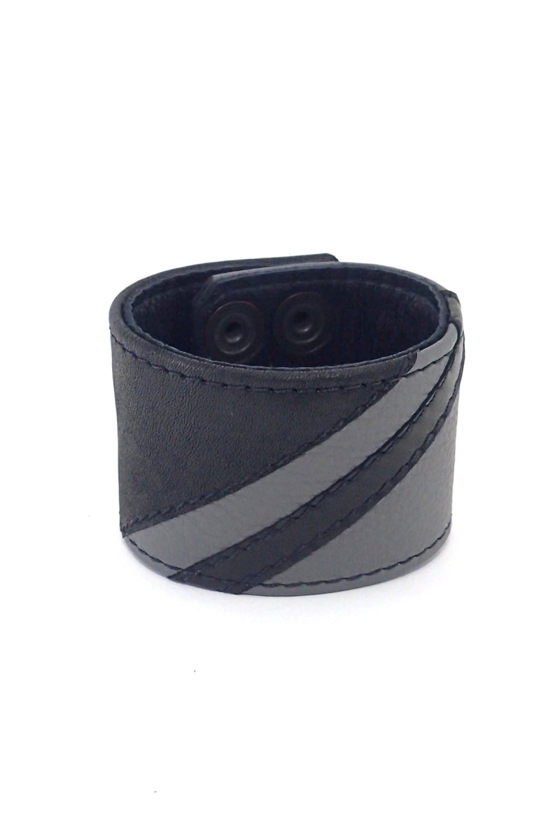 Black leather wristband with grey leather chevron detailing