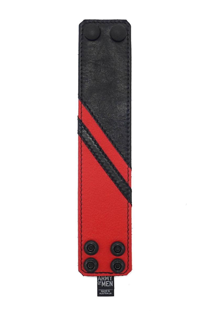 Black leather wristband with red leather chevron detailing