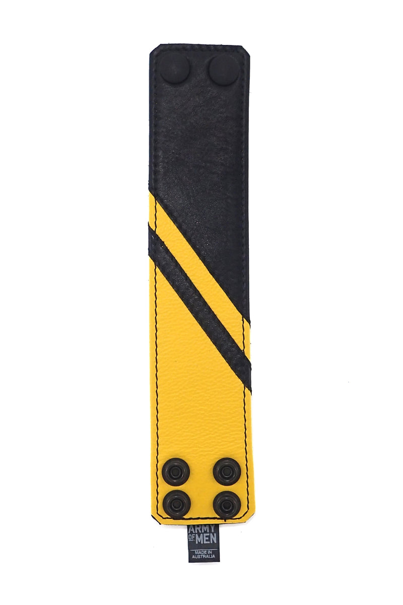 Black leather wristband with yellow leather chevron detailing