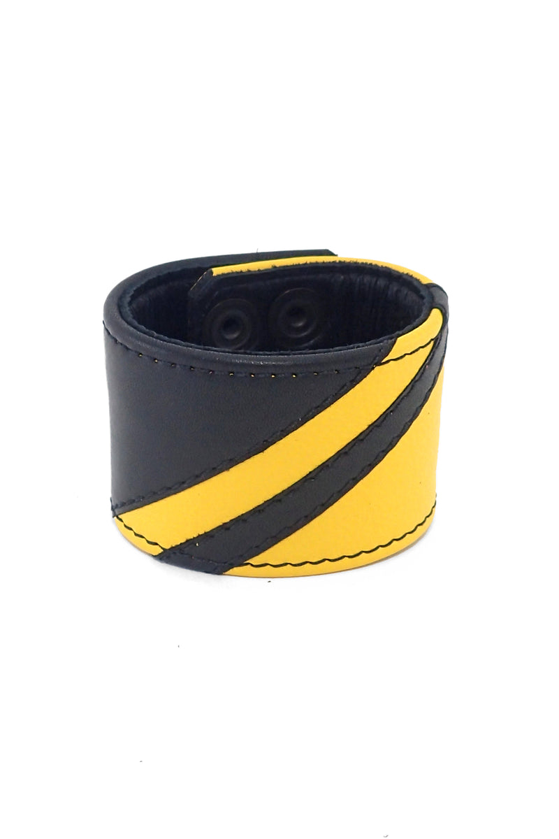 Black leather wristband with yellow leather chevron detailing