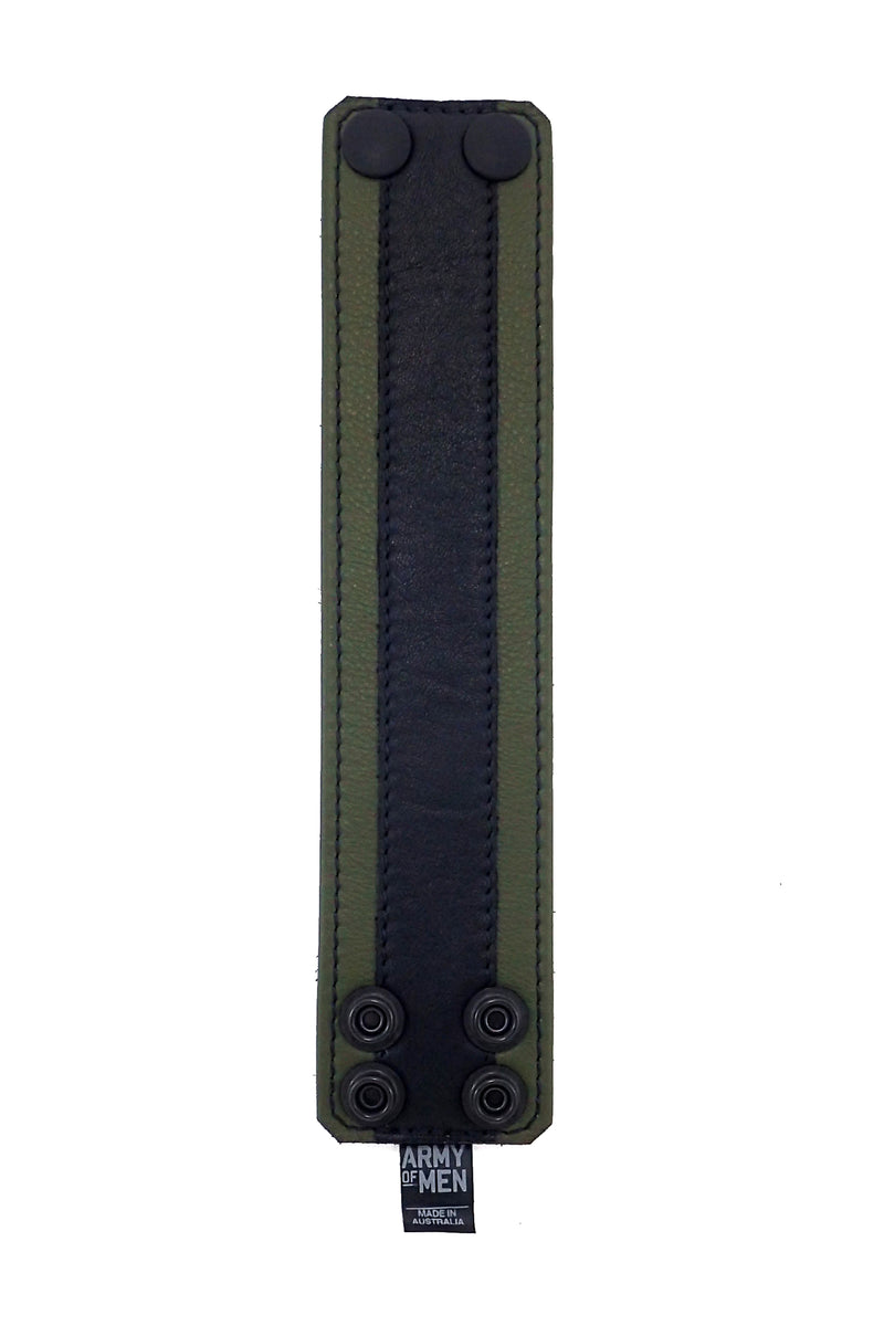 2" wide leather wristband with army green leather racer stripe detailing flat