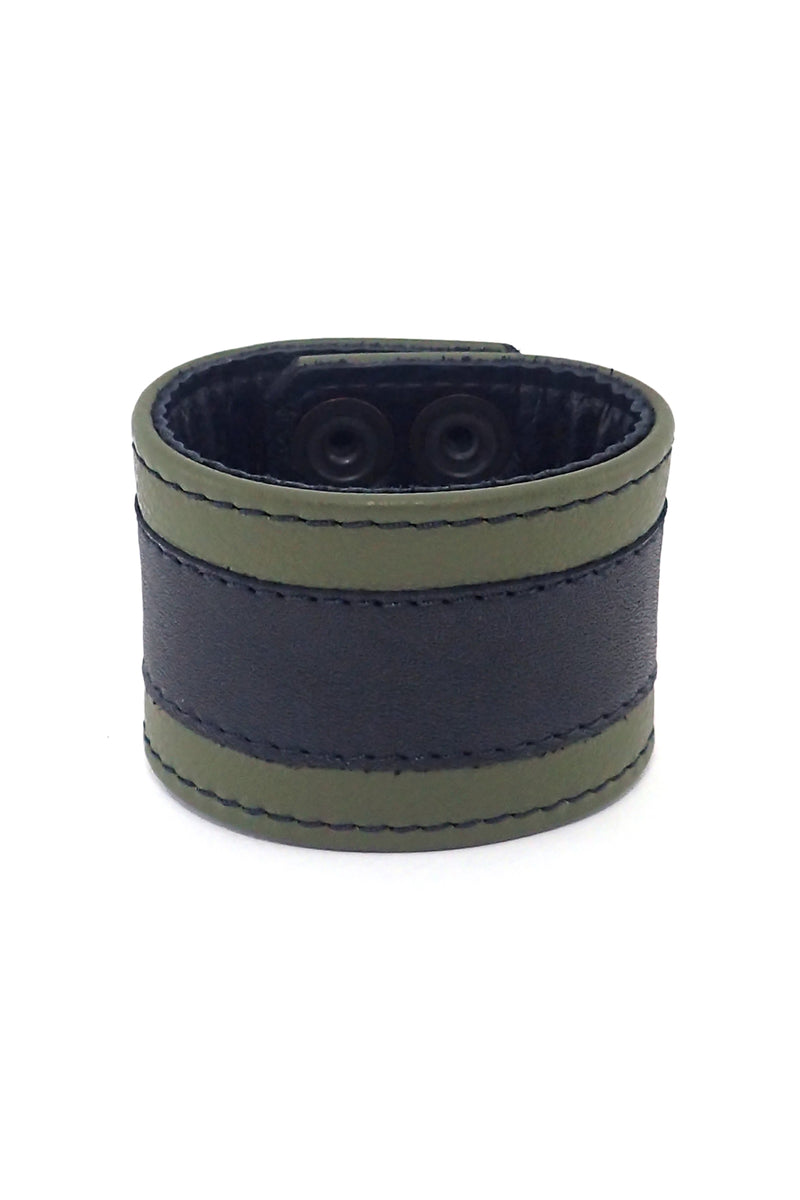 2" wide leather wristband with army green leather racer stripe detailing