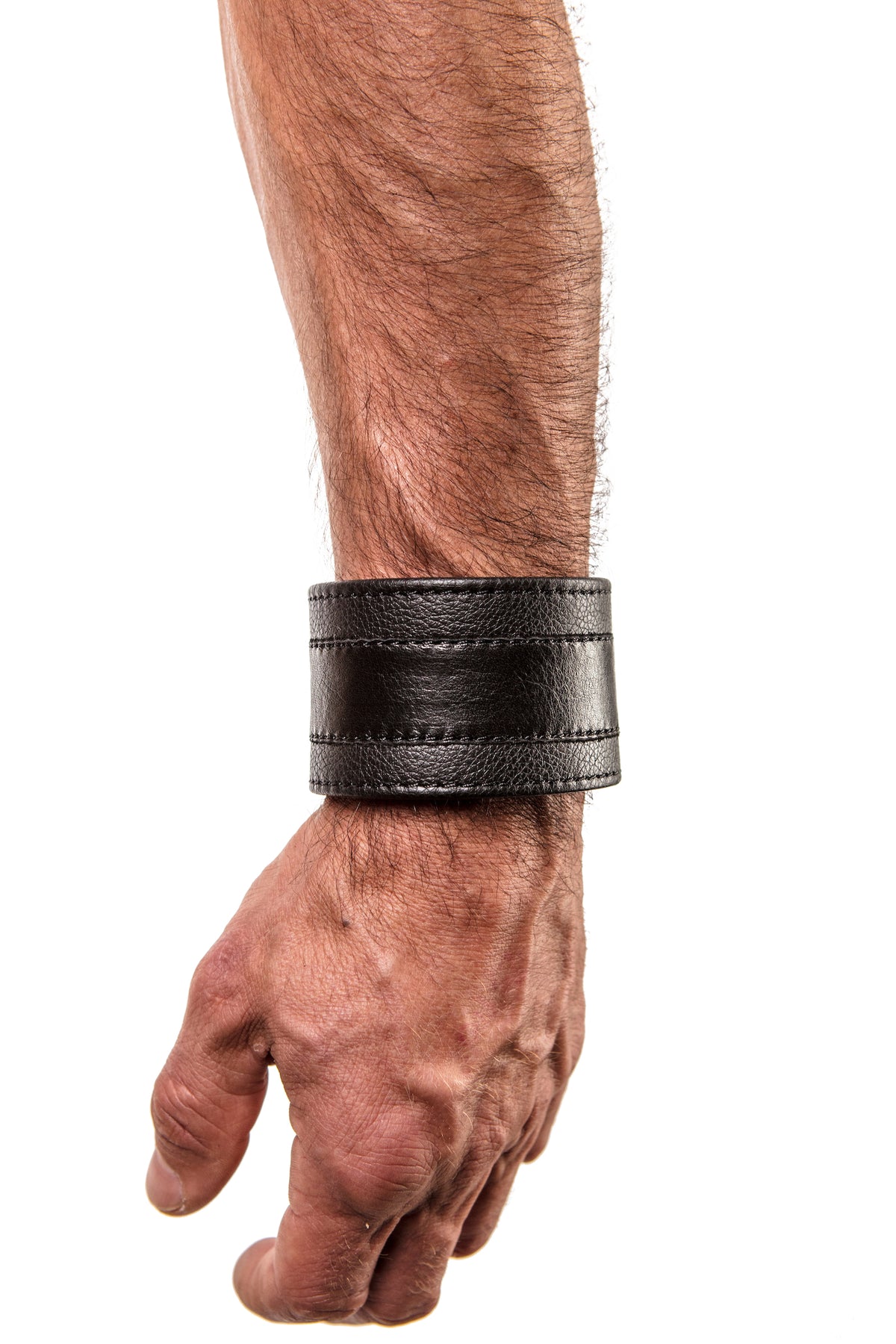 Model wearing black leather racer stripe wristband