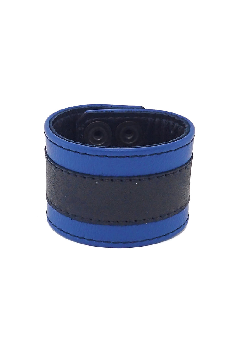 2" wide leather wristband with blue leather racer stripe detailing