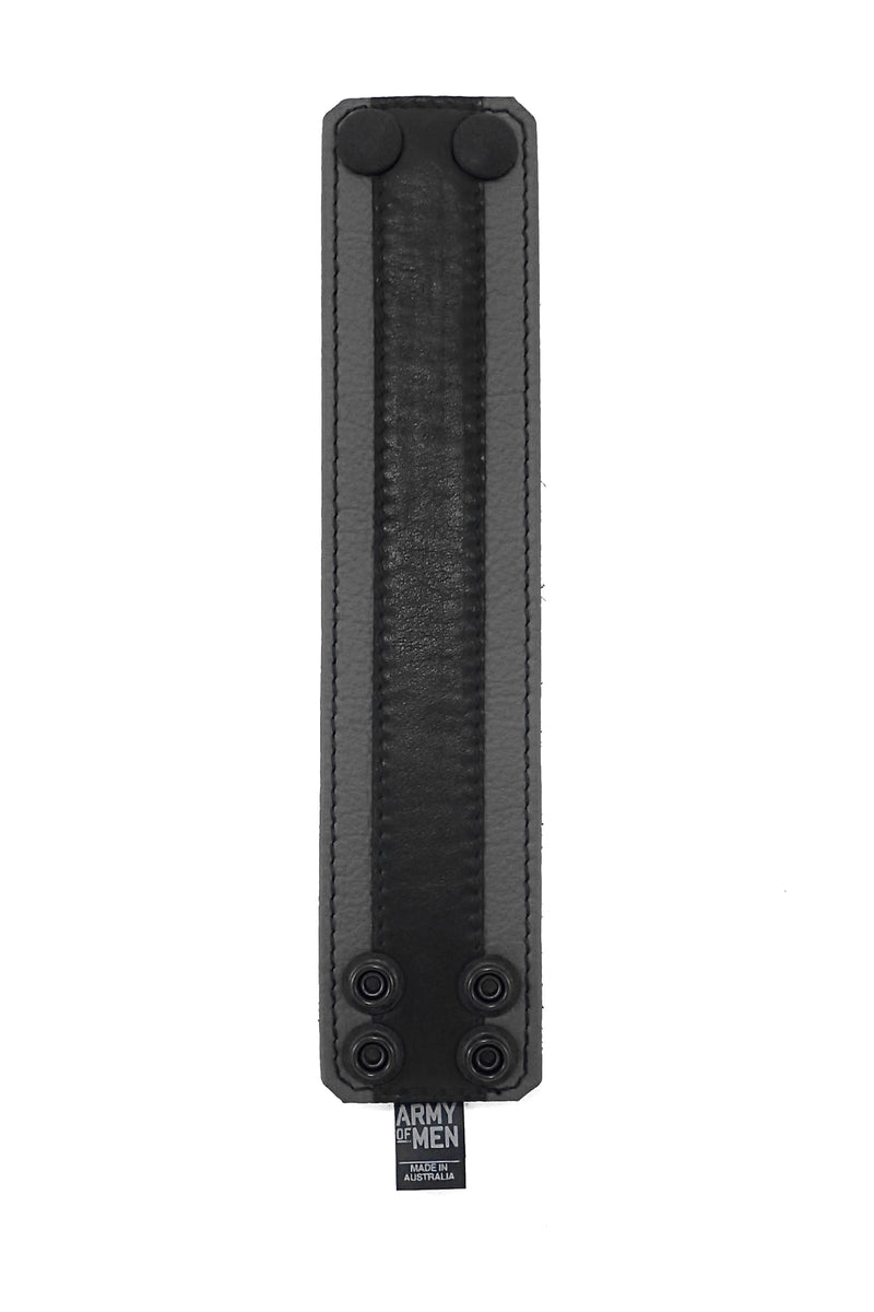 2" wide leather wristband with grey leather racer stripe detailing flat