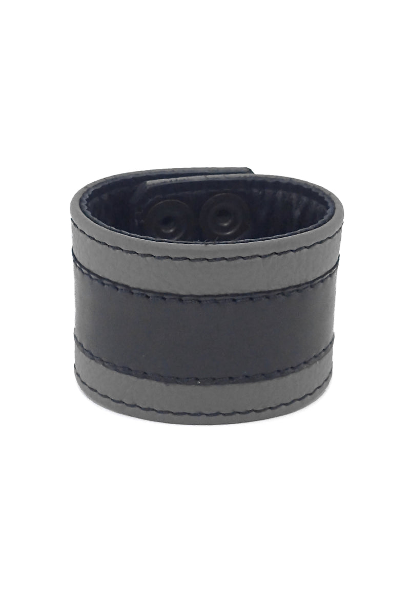 2" wide leather wristband with grey leather racer stripe detailing