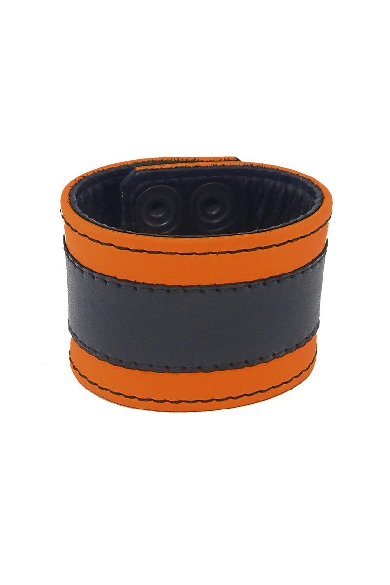 2" wide leather wristband with orange leather racer stripe detailing
