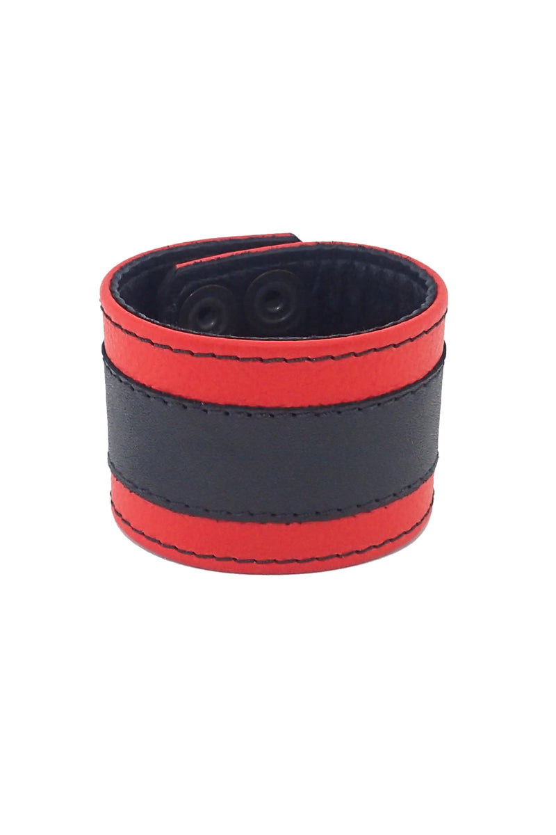 2" wide leather wristband with red leather racer stripe detailing