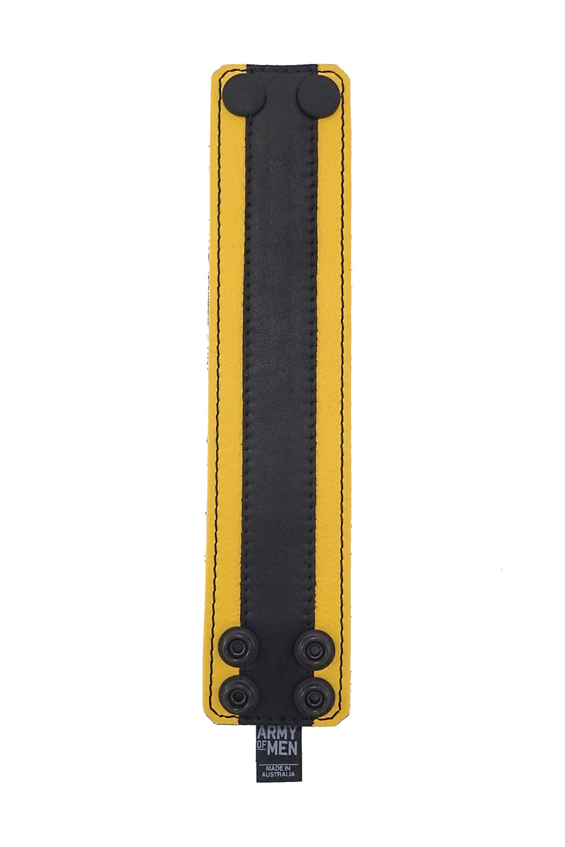 2" wide leather wristband with yellow leather racer stripe detailing flat