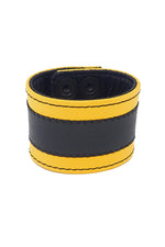 2" wide leather wristband with yellow leather racer stripe detailing