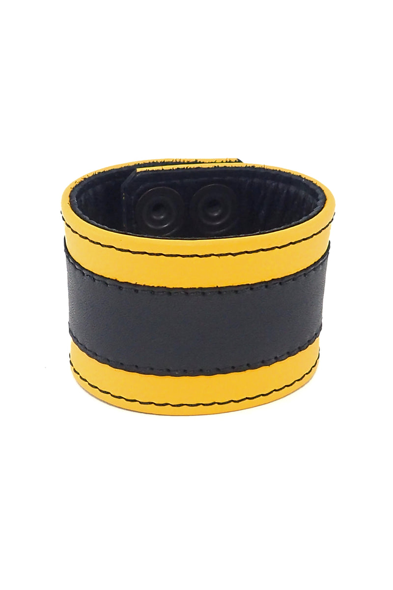 2" wide leather wristband with yellow leather racer stripe detailing
